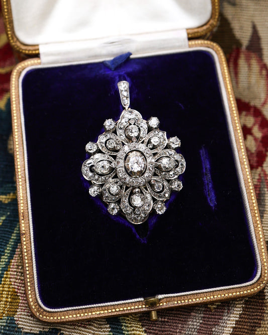 An Antique, 15 ct Yellow Gold, Silver Tipped  9.60 Carat Diamond Pendant / Brooch / Hair Ornament, English Circa 1870.