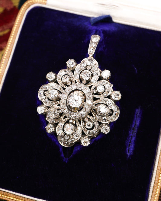 An Antique, 15 ct Yellow Gold, Silver Tipped  9.60 Carat Diamond Pendant / Brooch / Hair Ornament, English Circa 1870.