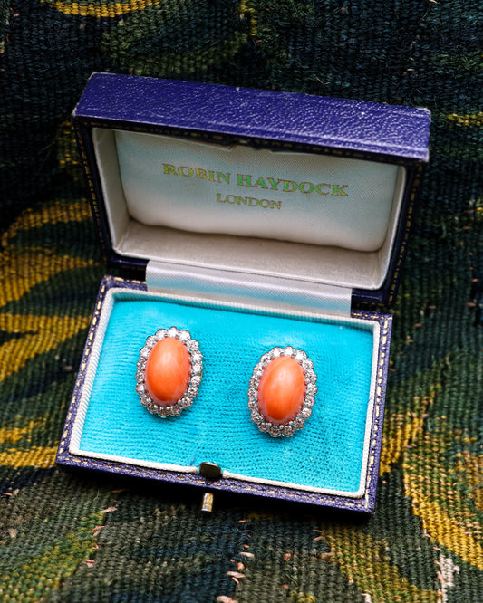 A very fine pair of Vintage Coral and Diamond Earrings in 18 Carat Yellow Gold (tested.) - Robin Haydock Antiques
