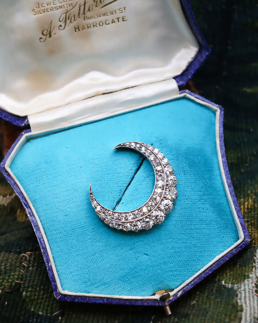 A very fine Silver Tipped 15 ct. Yellow Gold Antique Diamond Crescent Brooch. English Circa 1890 - Robin Haydock Antiques