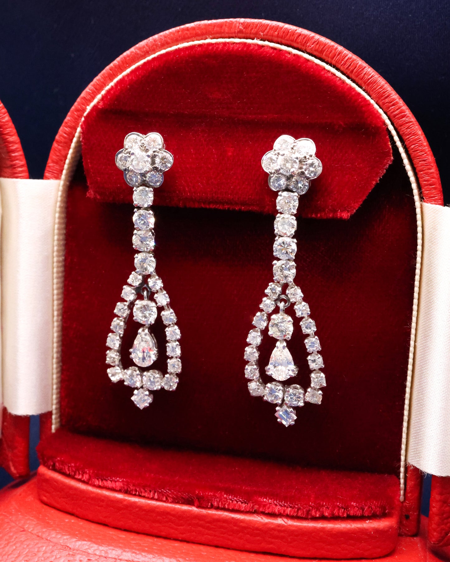 A magnificent pair of Vintage 8.30ct Diamond Drop Earrings set in 18ct White Gold, Circa 1955