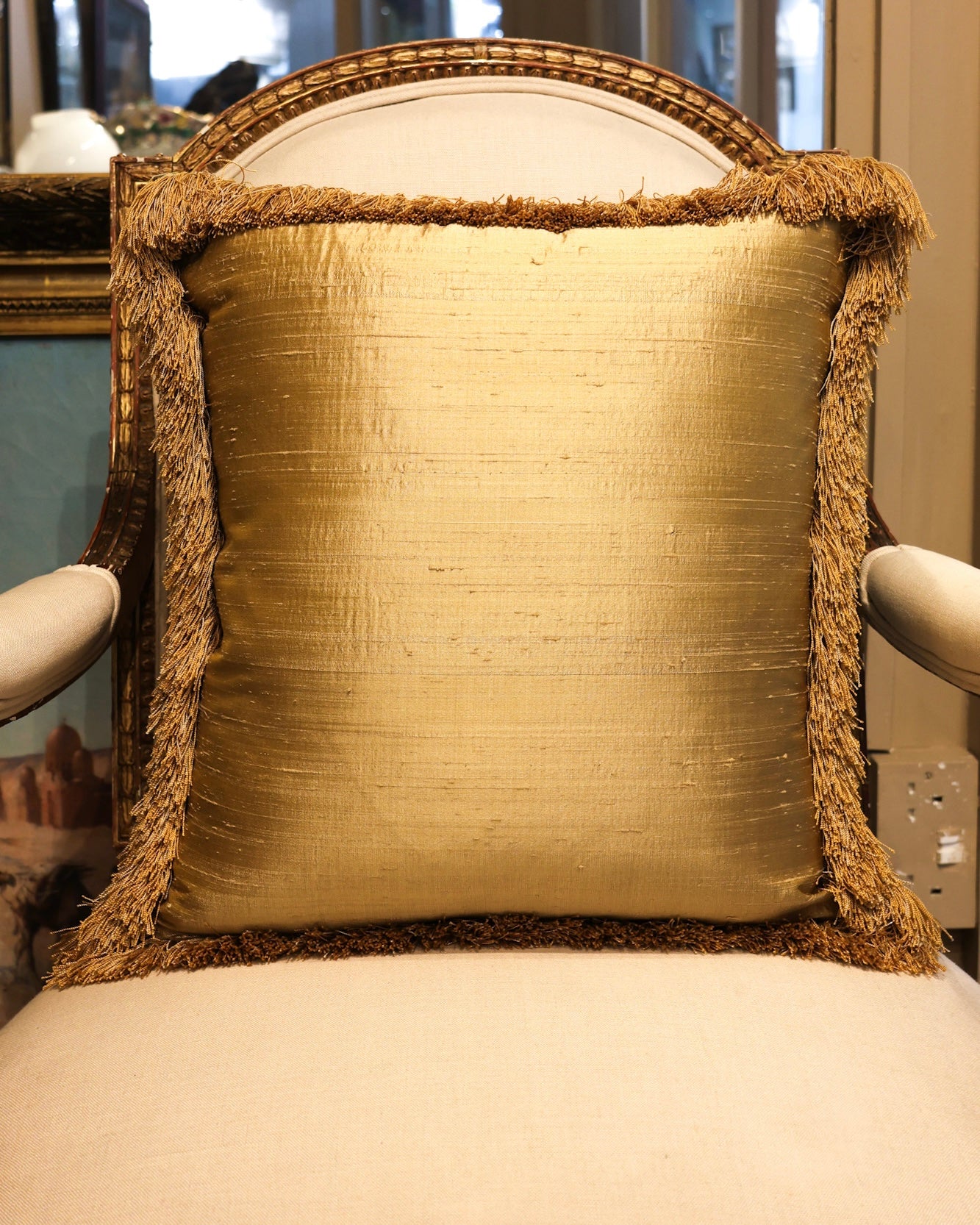 Five Antique Cushions/Pillows of Early 19th C' Hand Woven Silk and Wool Aubusson Tapestry, Circa 1820,  trimmed in Vert Havanne Silk and Cotton Fringe, re-backed in Pure Silk Dupion.