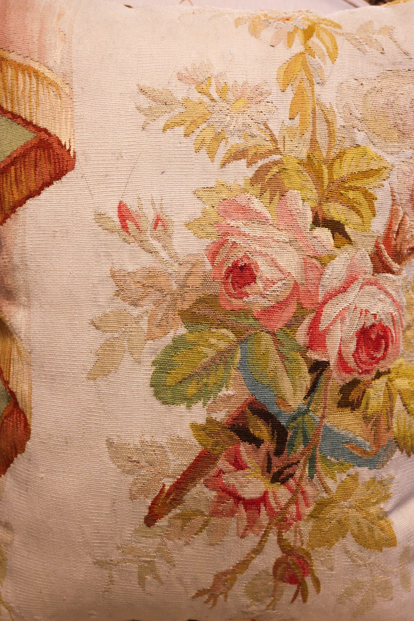 Five Antique Cushions/Pillows of Early 19th C' Hand Woven Silk and Wool Aubusson Tapestry, Circa 1820,  trimmed in Vert Havanne Silk and Cotton Fringe, re-backed in Pure Silk Dupion.