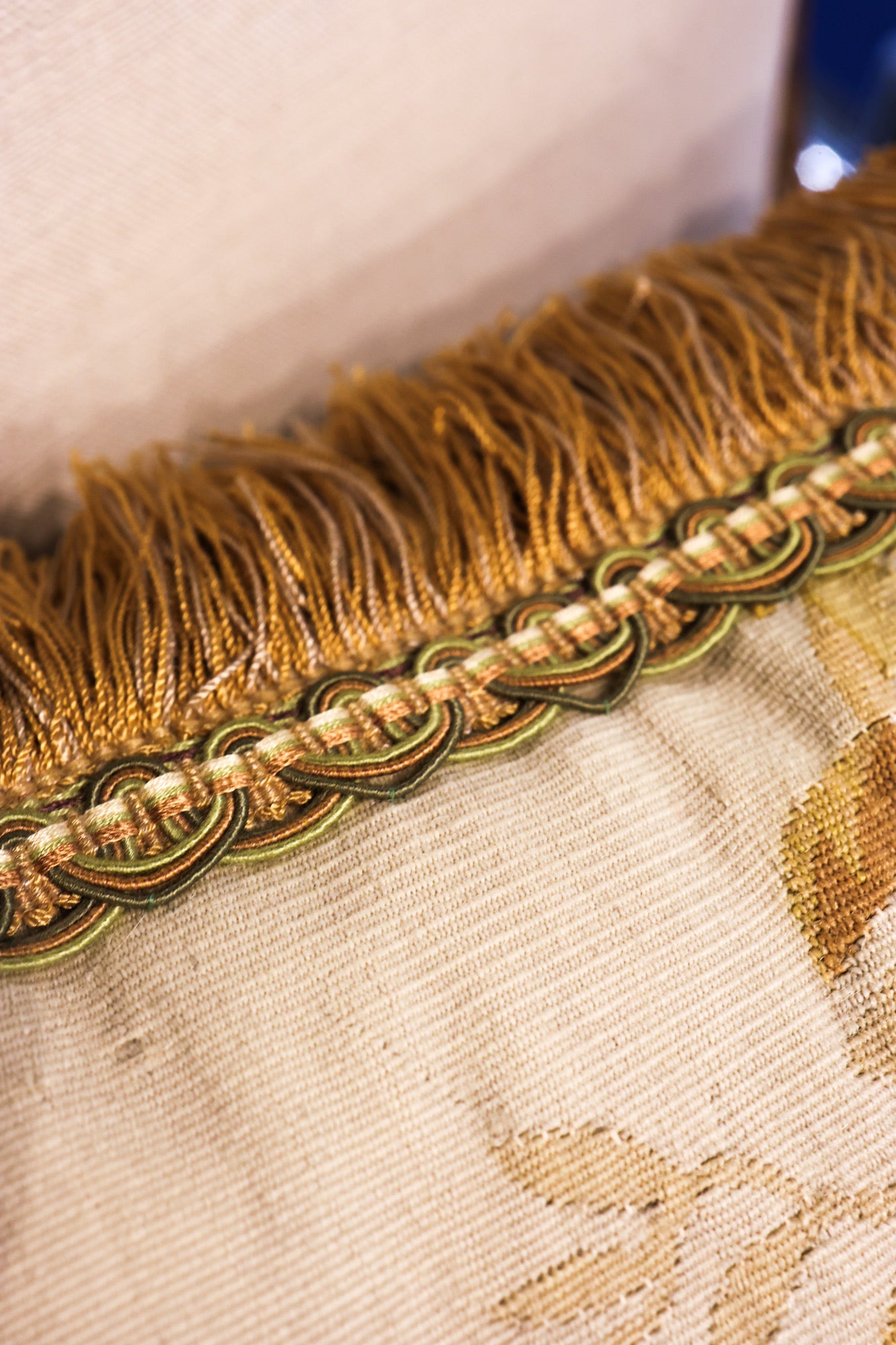 Five Antique Cushions/Pillows of Early 19th C' Hand Woven Silk and Wool Aubusson Tapestry, Circa 1820,  trimmed in Vert Havanne Silk and Cotton Fringe, re-backed in Pure Silk Dupion.