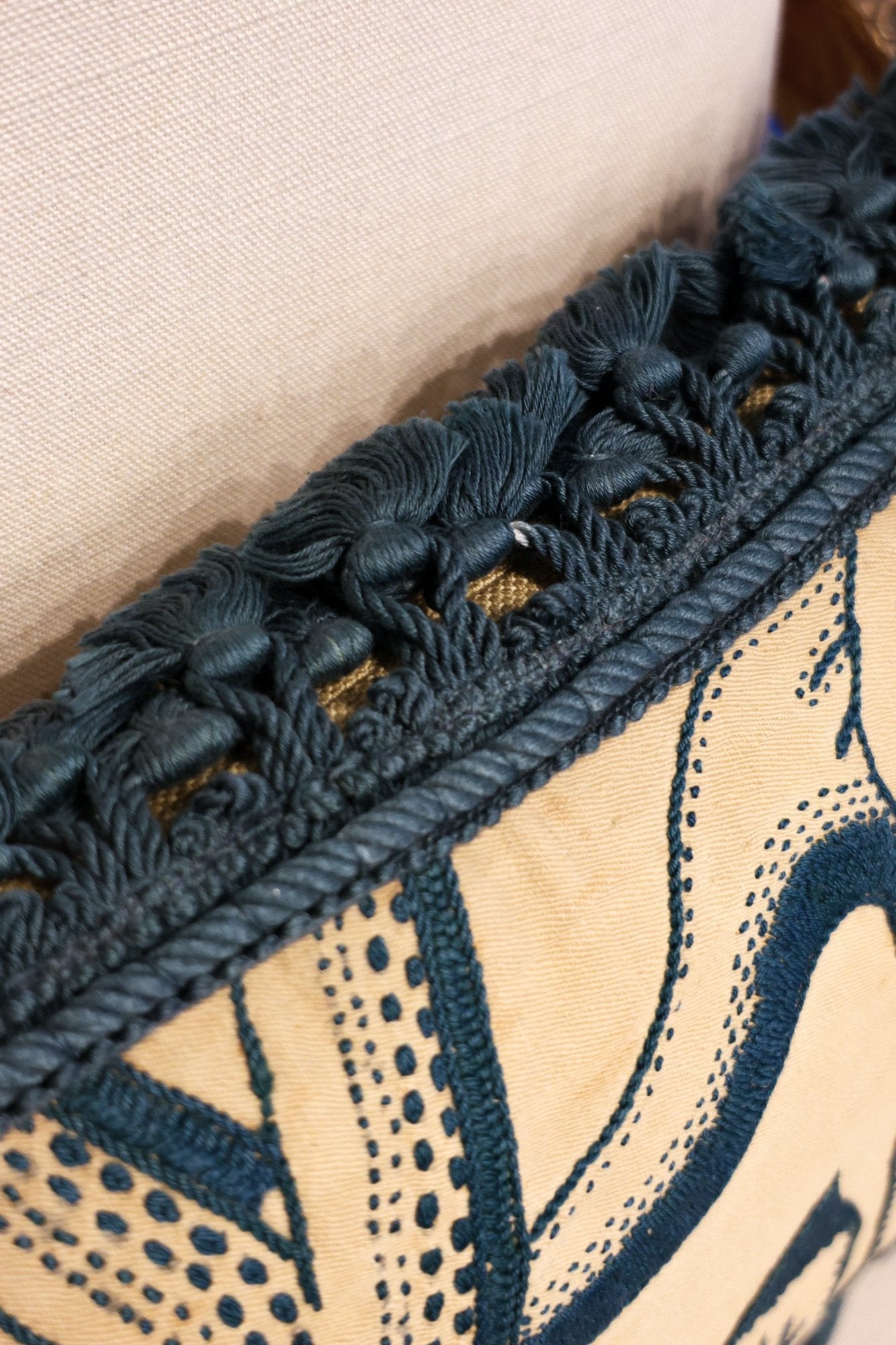 A Very Fine Pair of Crewel Work Panels Circa 1660, With Later Hand Dyed Indigo Henry Newbery Tassel Trim (presented as a pair of cushions)