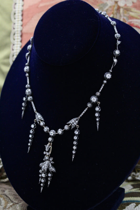 A very Beautiful Victorian Antique Diamond Necklace in the Foliate Groseilliere style, in 18ct Yellow gold and Silver in the form of an intermittent Riviere,   French, Circa 1870 - Robin Haydock Antiques