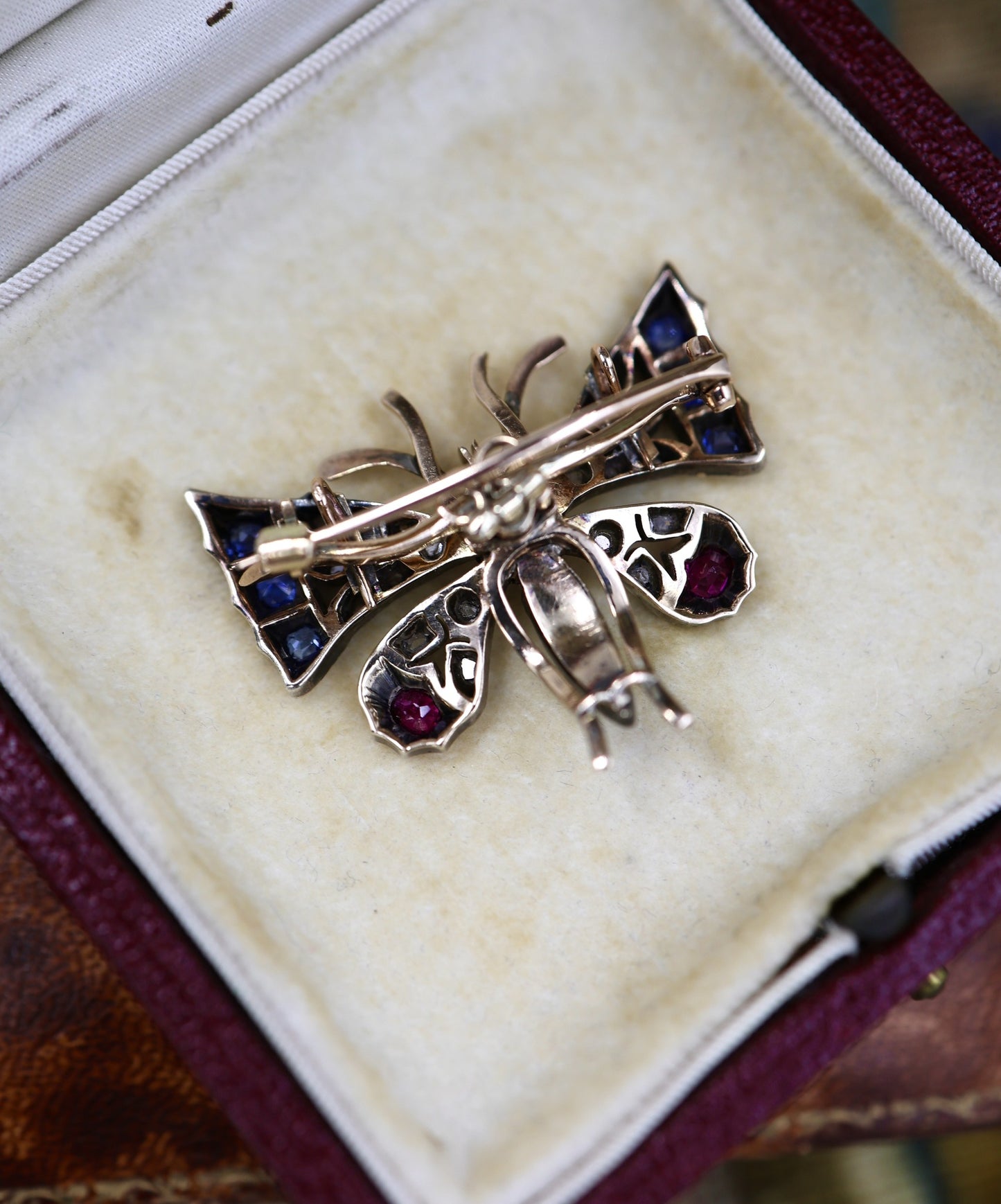 A very fine Antique High Carat Yellow Gold  (tested) Victorian Diamond, Natural Sapphire & Ruby Butterfly Pendant Brooch Circa 1880