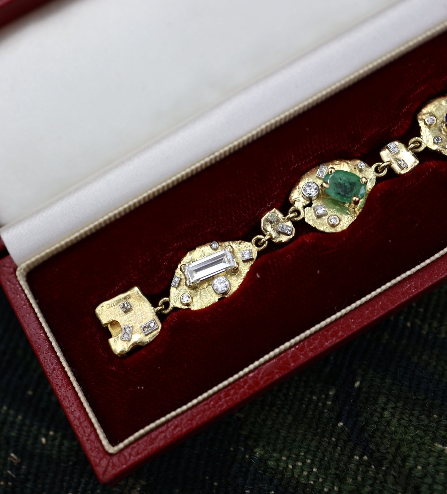 A very unusual Multi-Gem & Diamond, Yellow & White 18ct. Gold (tested), Acrostic Bracelet, Representing DEAREST. Circa 1970.