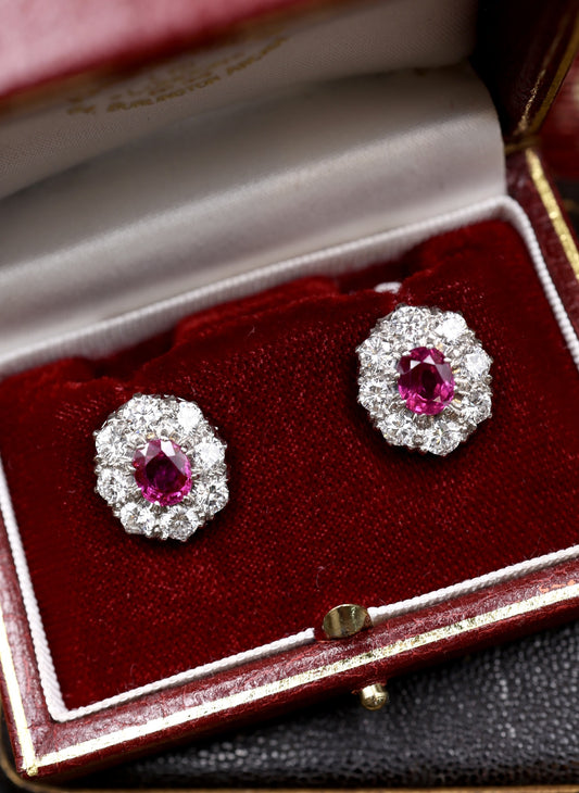 A pair of Vintage Natural Burma Ruby and Diamond Cluster Earrings in Platinum and 18ct White Gold, Circa 1950