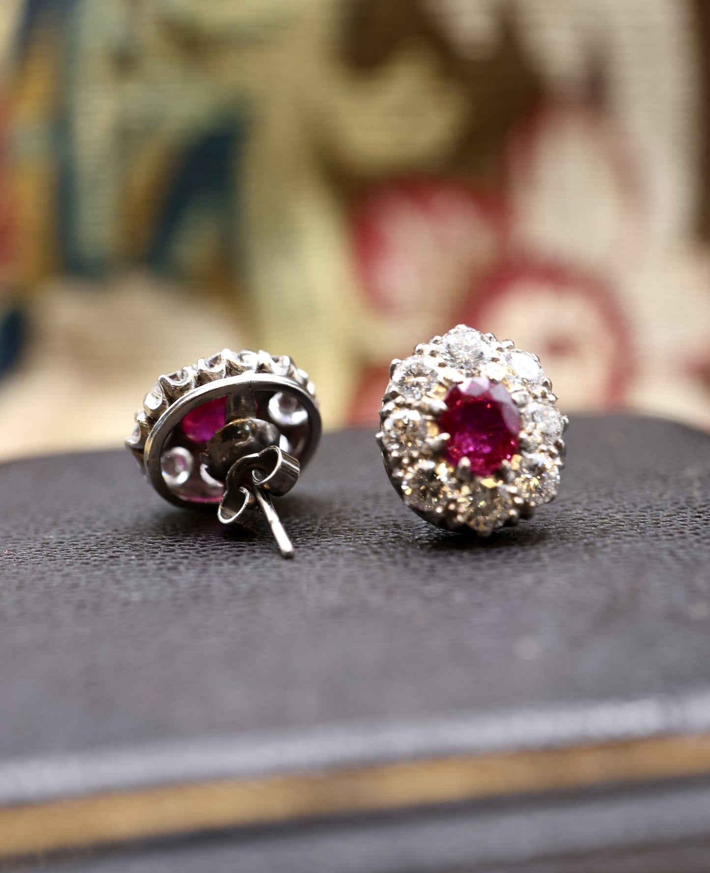 A pair of Vintage Natural Burma Ruby and Diamond Cluster Earrings in Platinum and 18ct White Gold, Circa 1950