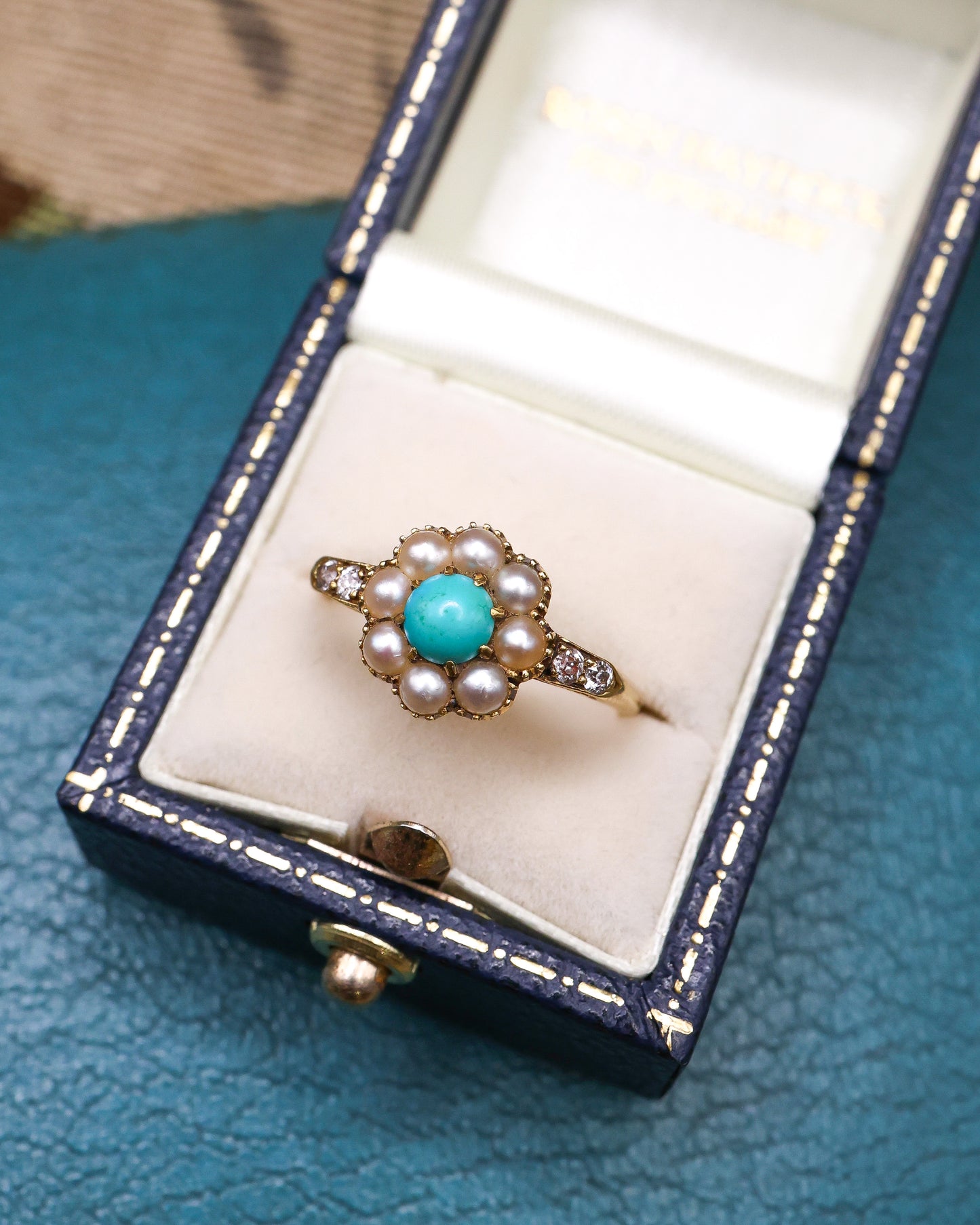 A fine Late Victorian, Turquoise, Natural Split Pearl and Diamond Cluster Ring. English C. 1880