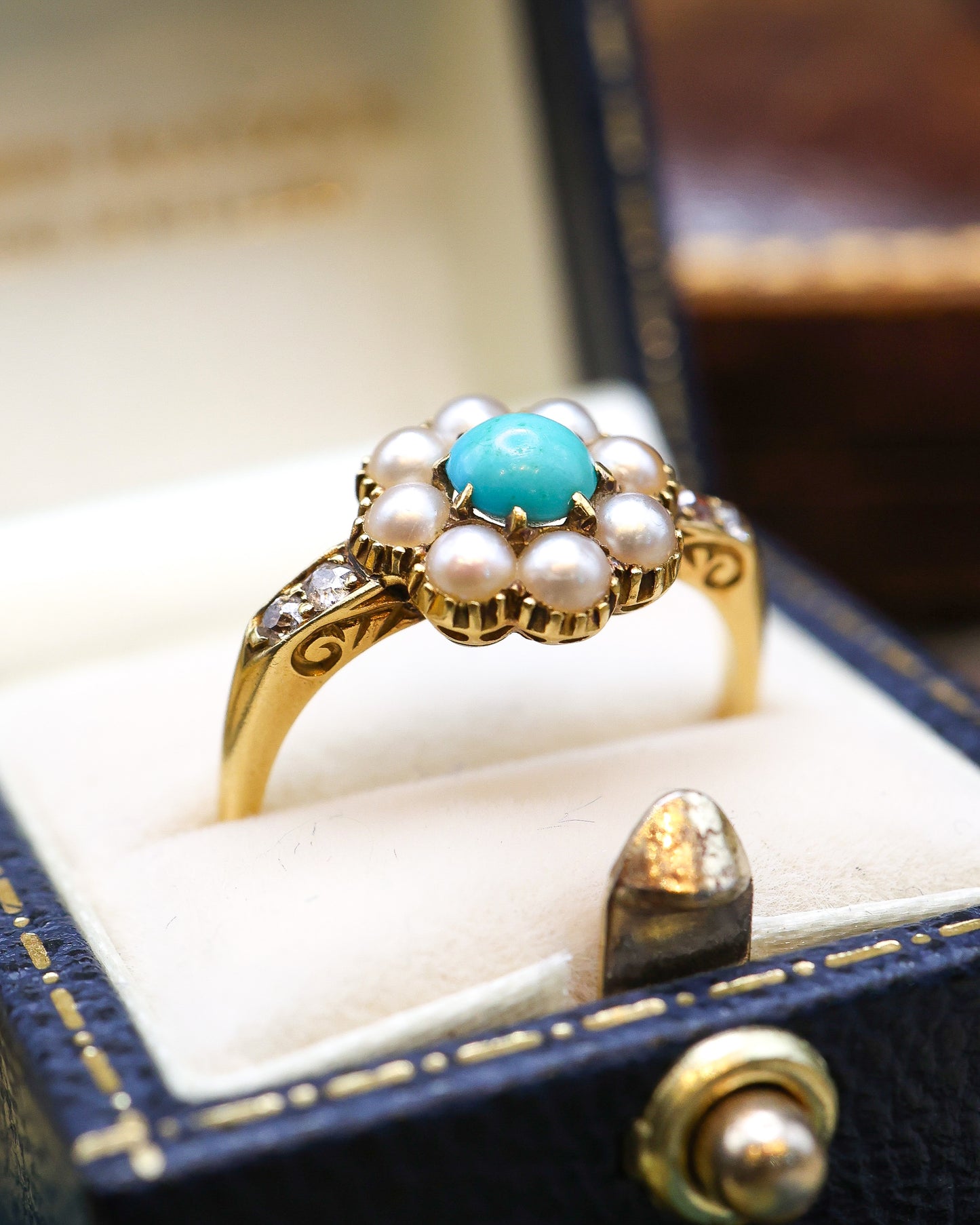 A fine Late Victorian, Turquoise, Natural Split Pearl and Diamond Cluster Ring. English C. 1880