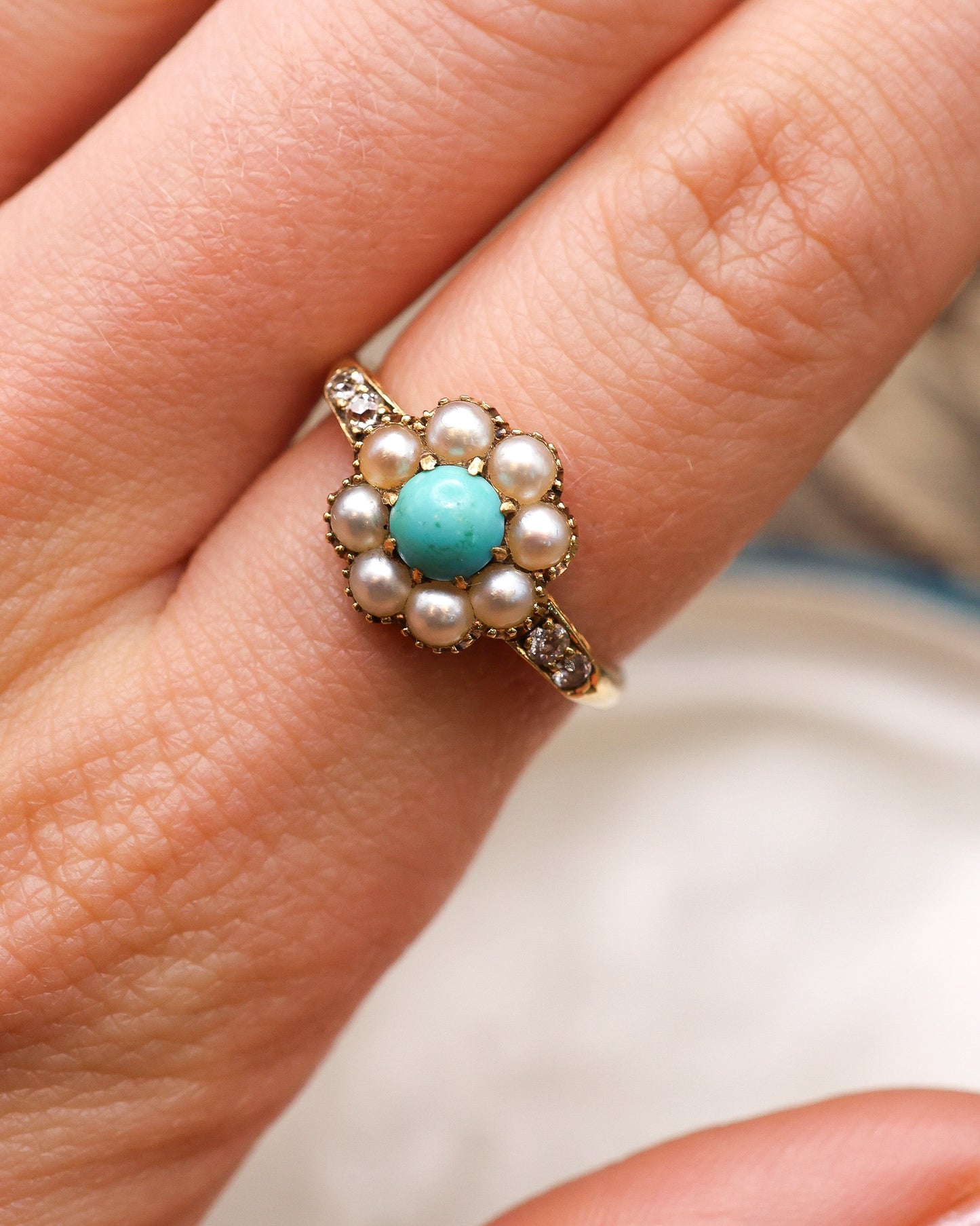 A fine Late Victorian, Turquoise, Natural Split Pearl and Diamond Cluster Ring. English C. 1880