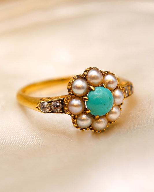 A fine Late Victorian, Turquoise, Natural Split Pearl and Diamond Cluster Ring. English C. 1880