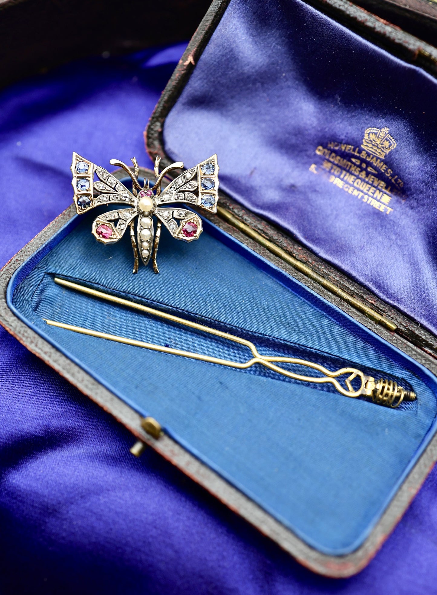 A very fine Antique High Carat Yellow Gold  (tested) Victorian Diamond, Natural Sapphire & Ruby Butterfly Pendant Brooch Circa 1880