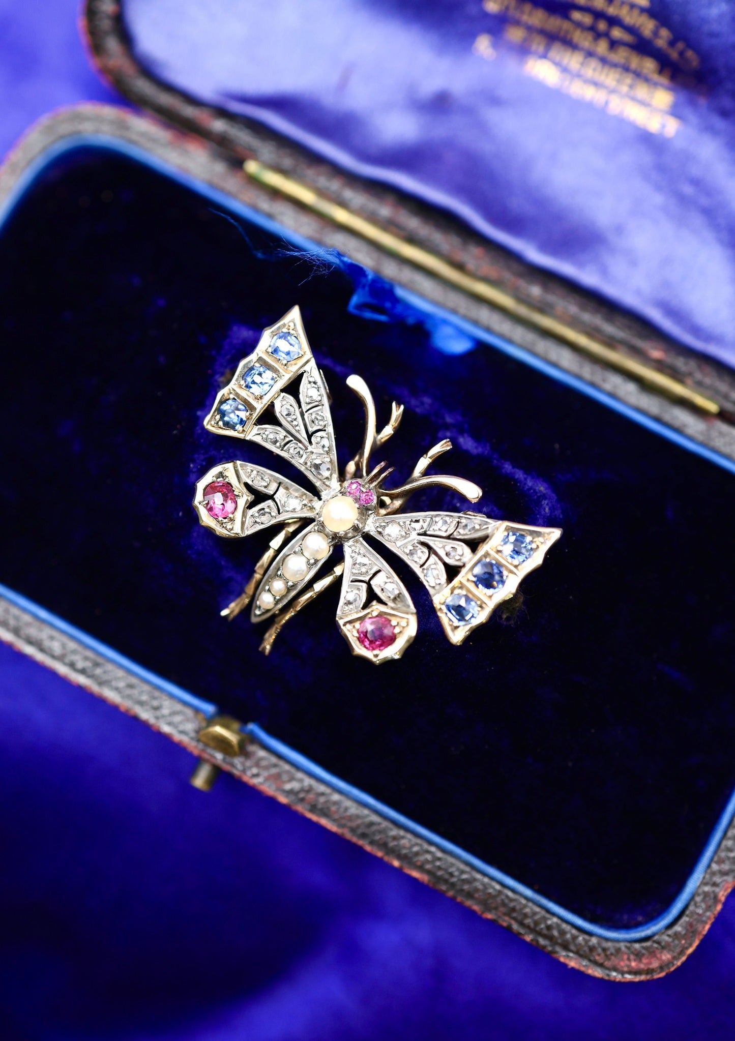 A very fine Antique High Carat Yellow Gold  (tested) Victorian Diamond, Natural Sapphire & Ruby Butterfly Pendant Brooch Circa 1880