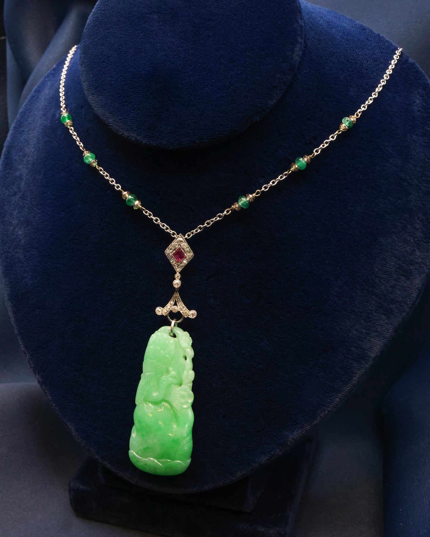 A Vintage Platinum Jade, Ruby and Diamond Pendant Circa 1920-1930 - Robin Haydock Antique Jewellery
