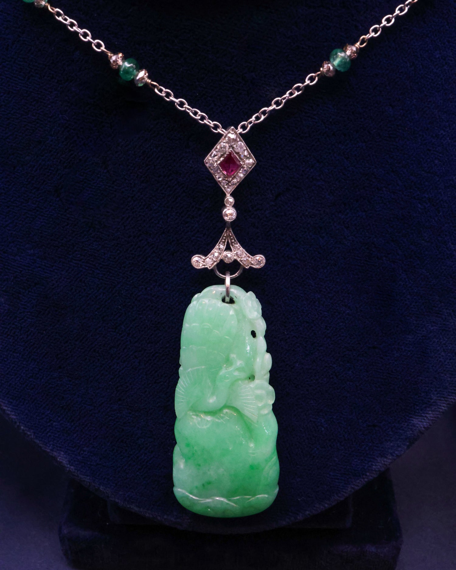 A Vintage Platinum Jade, Ruby and Diamond Pendant Circa 1920-1930 - Robin Haydock Antique Jewellery