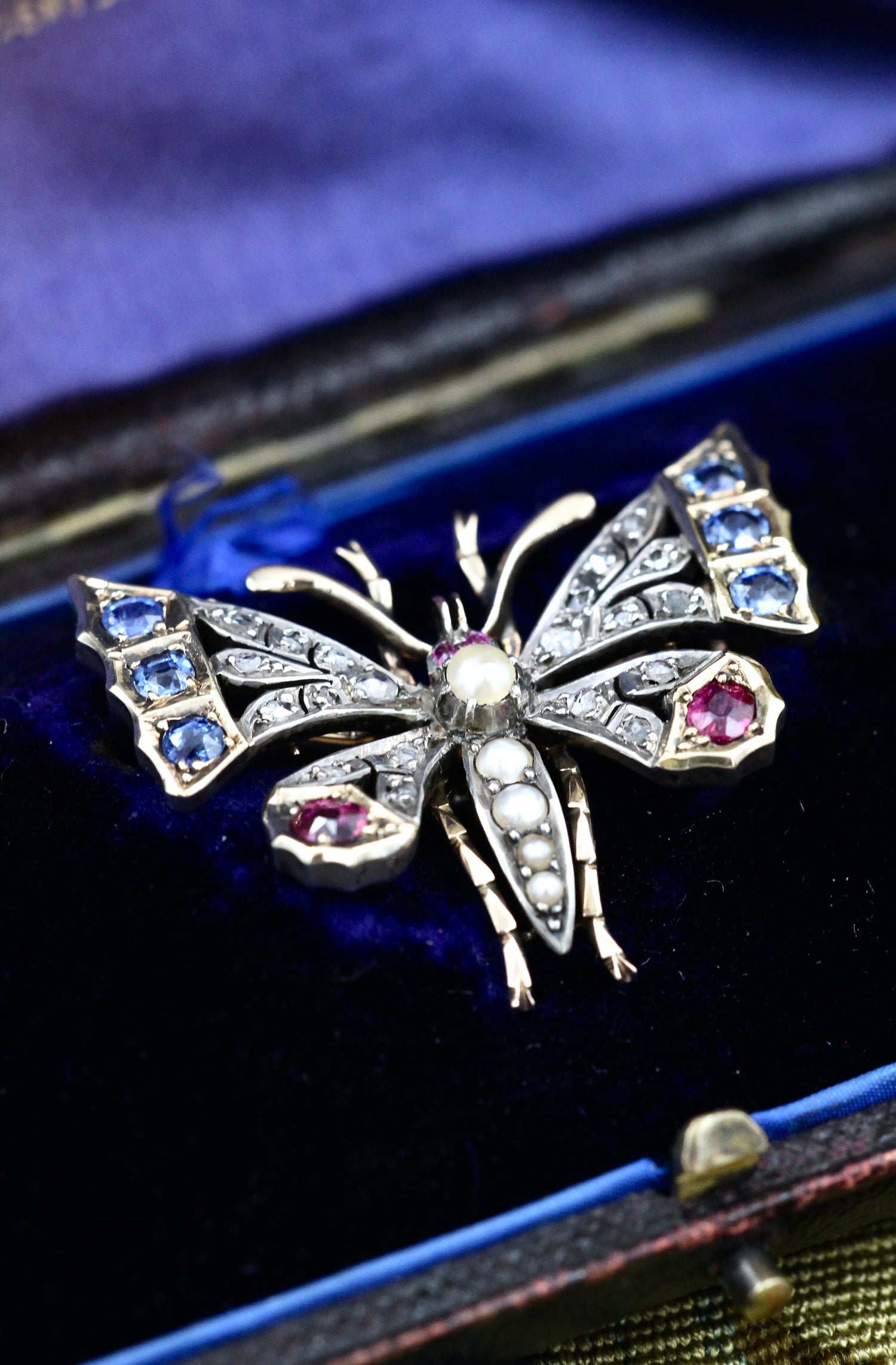 A very fine High Carat Yellow Gold  (tested) Victorian Diamond, Natural Sapphire & Ruby Butterfly Pendant Brooch Circa 1880 - Robin Haydock Antiques
