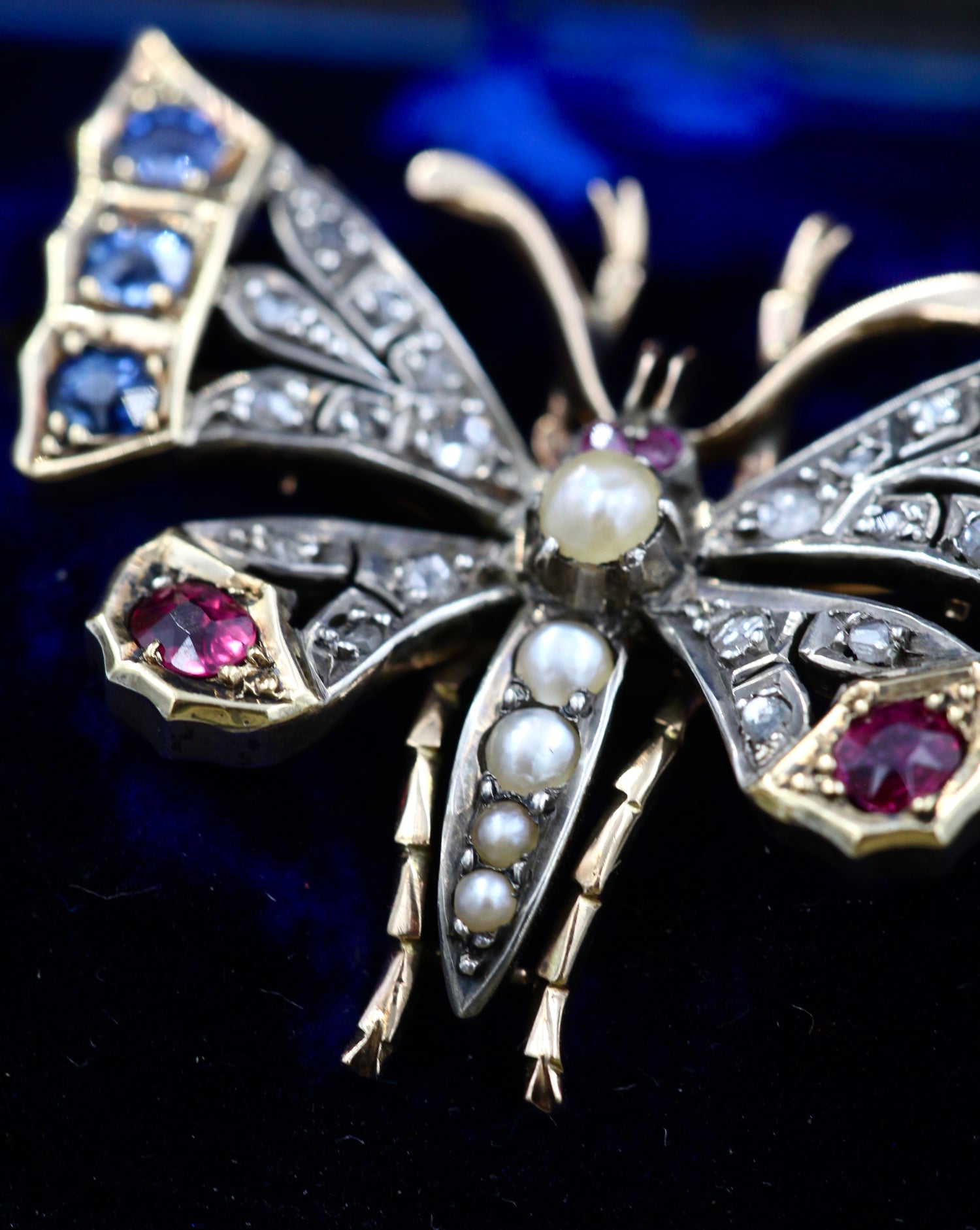 A very fine High Carat Yellow Gold  (tested) Victorian Diamond, Natural Sapphire & Ruby Butterfly Pendant Brooch Circa 1880 - Robin Haydock Antiques