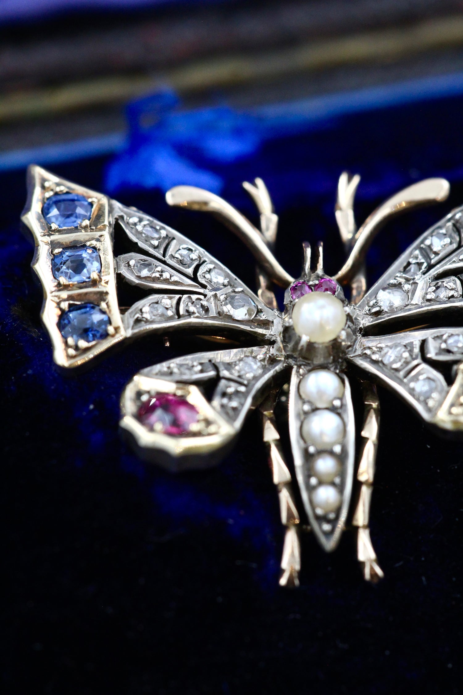 A very fine High Carat Yellow Gold  (tested) Victorian Diamond, Natural Sapphire & Ruby Butterfly Pendant Brooch Circa 1880 - Robin Haydock Antiques
