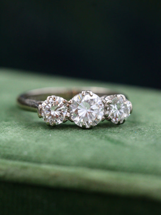 An exceptional 18ct White Gold (hallmarked), 1.55 Carat Three Stone Diamond Engagement Ring by Cropp & Farr Ltd.  Circa 1971 - Robin Haydock Antiques