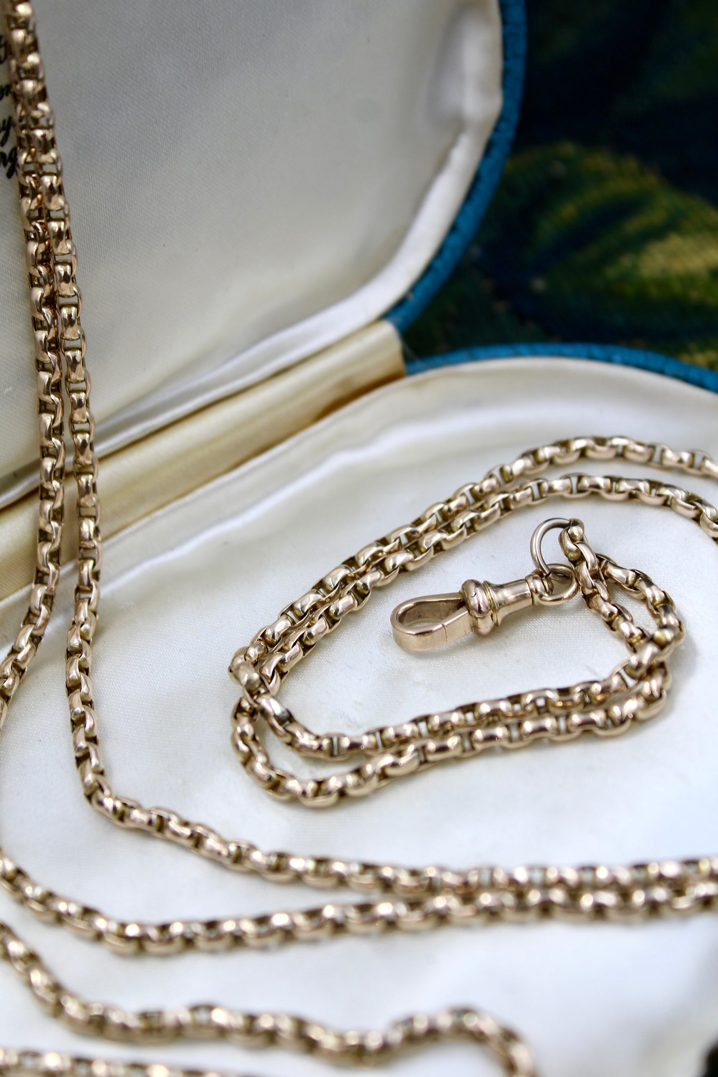 A very fine 9 Carat "Opera Length" Yellow Gold, Long Guard Chain, with Lobster Claw Clasp. English  Circa 1890.