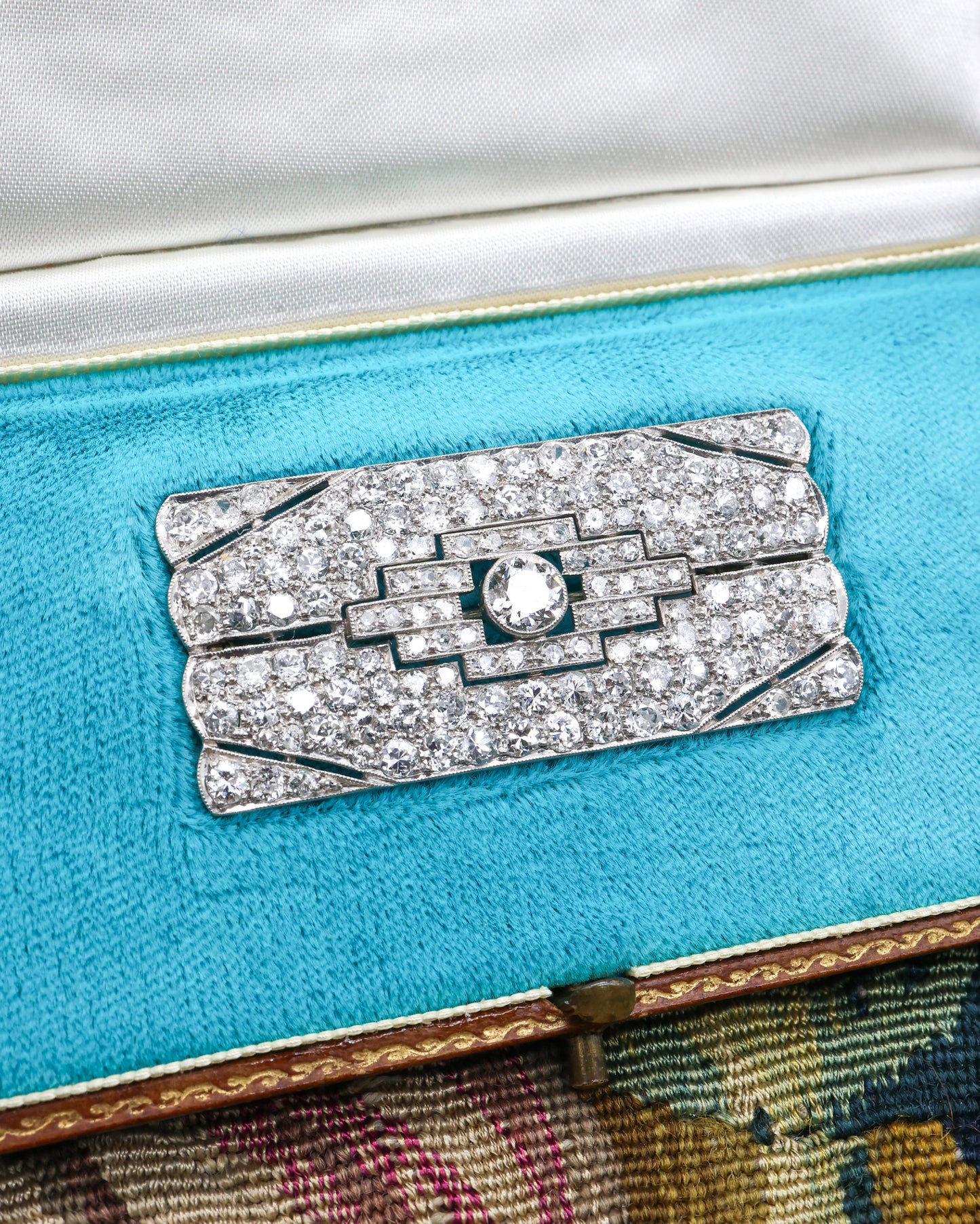 A very fine, Art Deco, Platinum & 15ct White Gold (tested), 4.55 Carat Diamond Plaque Brooch with open strap work. English Circa 1930.