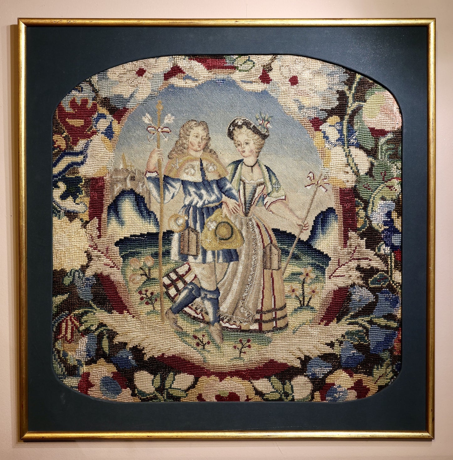 A very finely Embroidered Gros and Petit Point, Silk and Wool, Embroidered Panel "Shepherd & Shepherdess", previously a chair back rest.   French. Circa 1740 - 1750, (later frame & mount)