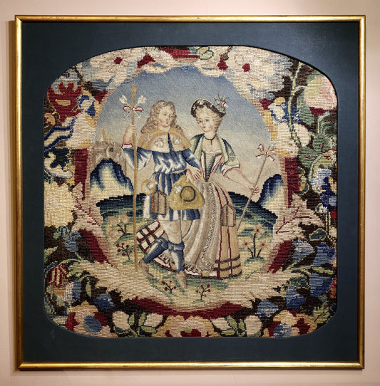 A very finely Embroidered Gros and Petit Point, Silk and Wool, Embroidered Panel "Shepherd & Shepherdess", previously a chair back rest.   French. Circa 1740 - 1750, (later frame & mount) - Robin Haydock Antiques