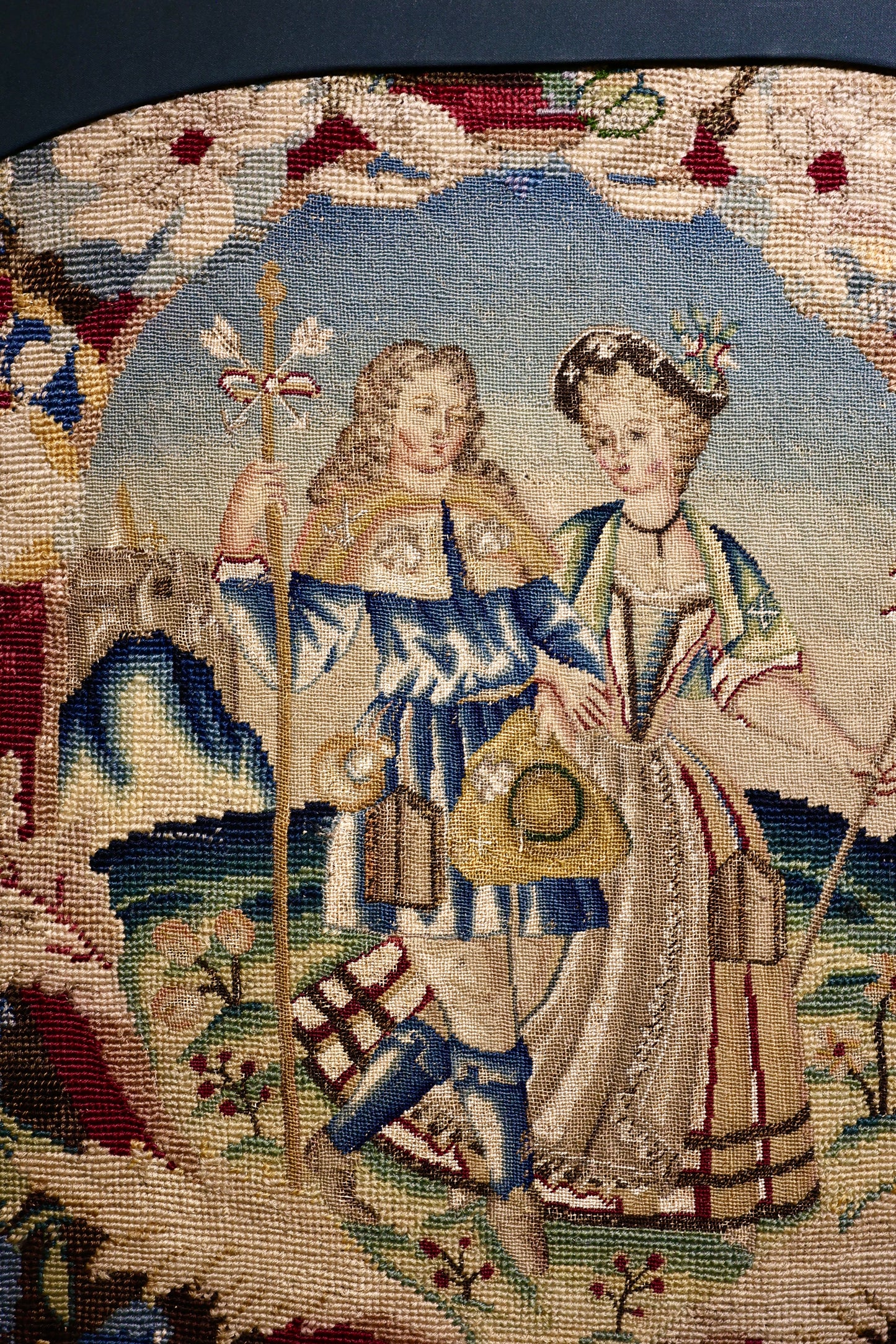 A very finely Embroidered Gros and Petit Point, Silk and Wool, Embroidered Panel "Shepherd & Shepherdess", previously a chair back rest.   French. Circa 1740 - 1750, (later frame & mount)