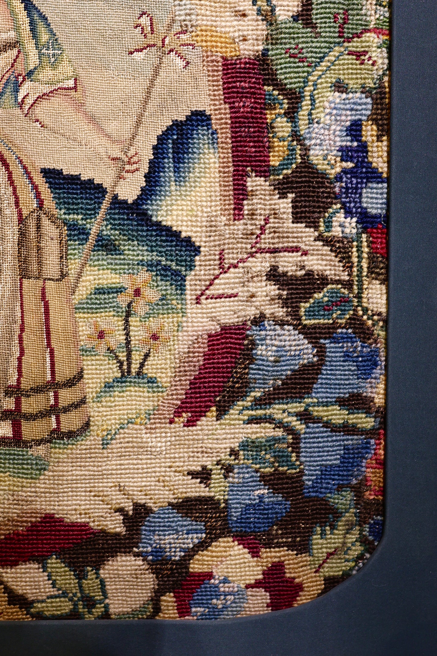 A very finely Embroidered Gros and Petit Point, Silk and Wool, Embroidered Panel "Shepherd & Shepherdess", previously a chair back rest.   French. Circa 1740 - 1750, (later frame & mount)