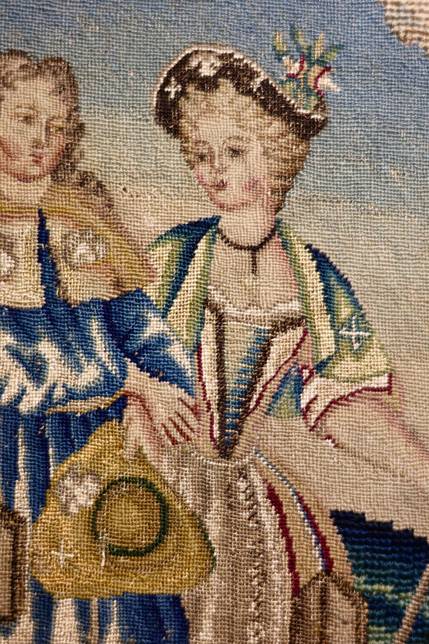 A very finely Embroidered Gros and Petit Point, Silk and Wool, Embroidered Panel "Shepherd & Shepherdess", previously a chair back rest.   French. Circa 1740 - 1750, (later frame & mount)