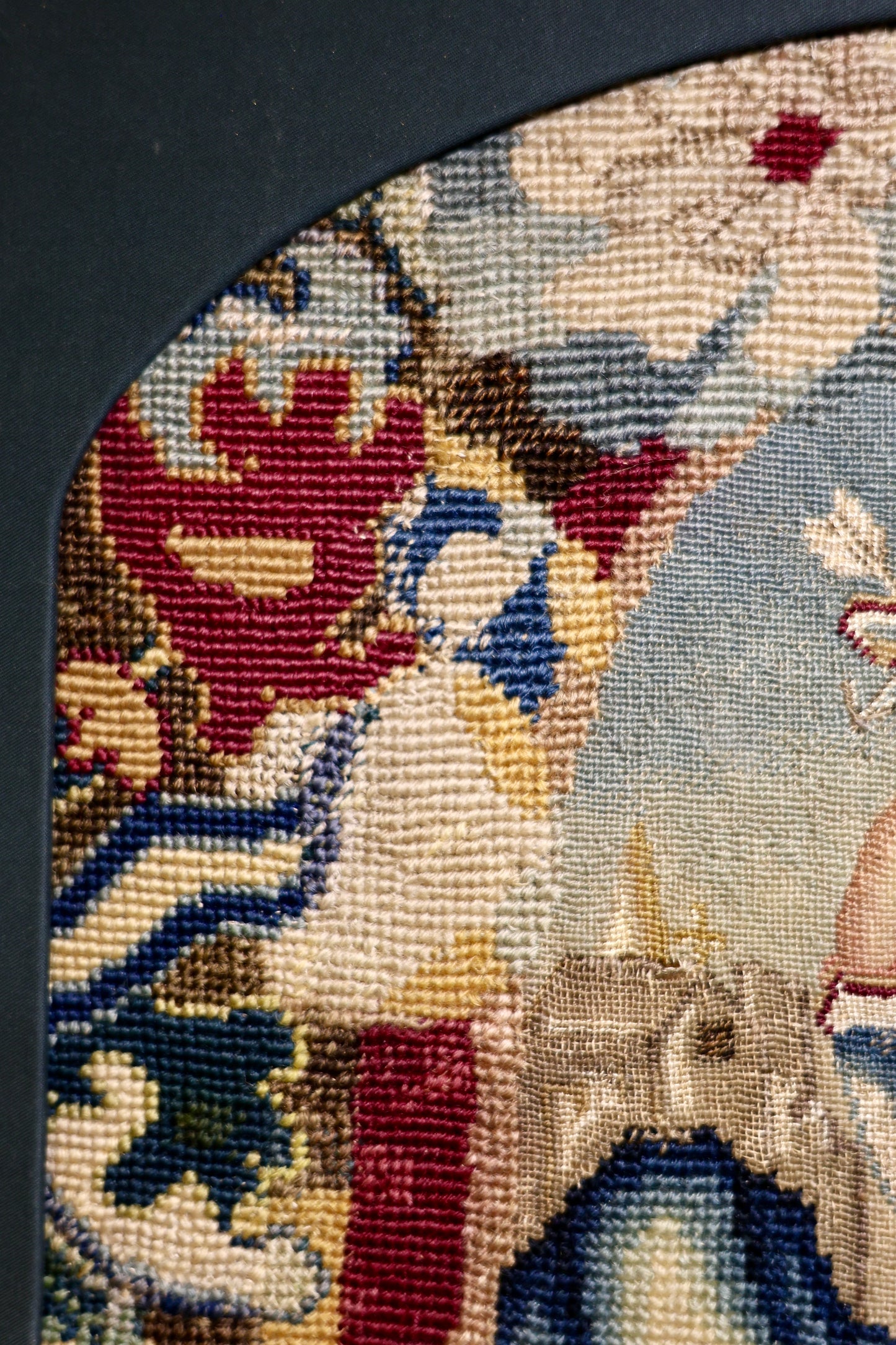 A very finely Embroidered Gros and Petit Point, Silk and Wool, Embroidered Panel "Shepherd & Shepherdess", previously a chair back rest.   French. Circa 1740 - 1750, (later frame & mount)