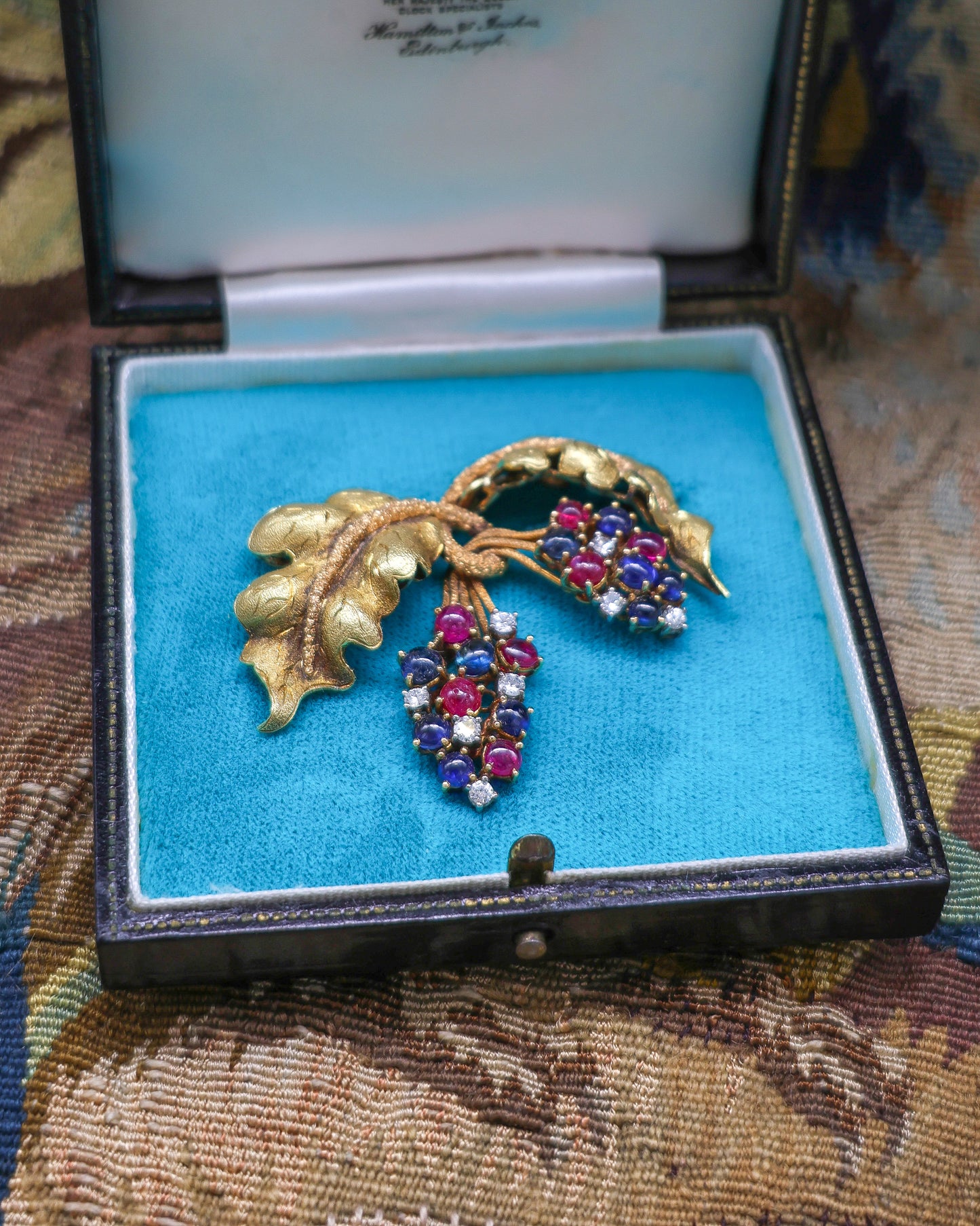 A very fine Ruby, Sapphire & Diamond Vine Brooch set in 18 carat White & Yellow Gold, Circa 1950 - Robin Haydock Antique Jewellery