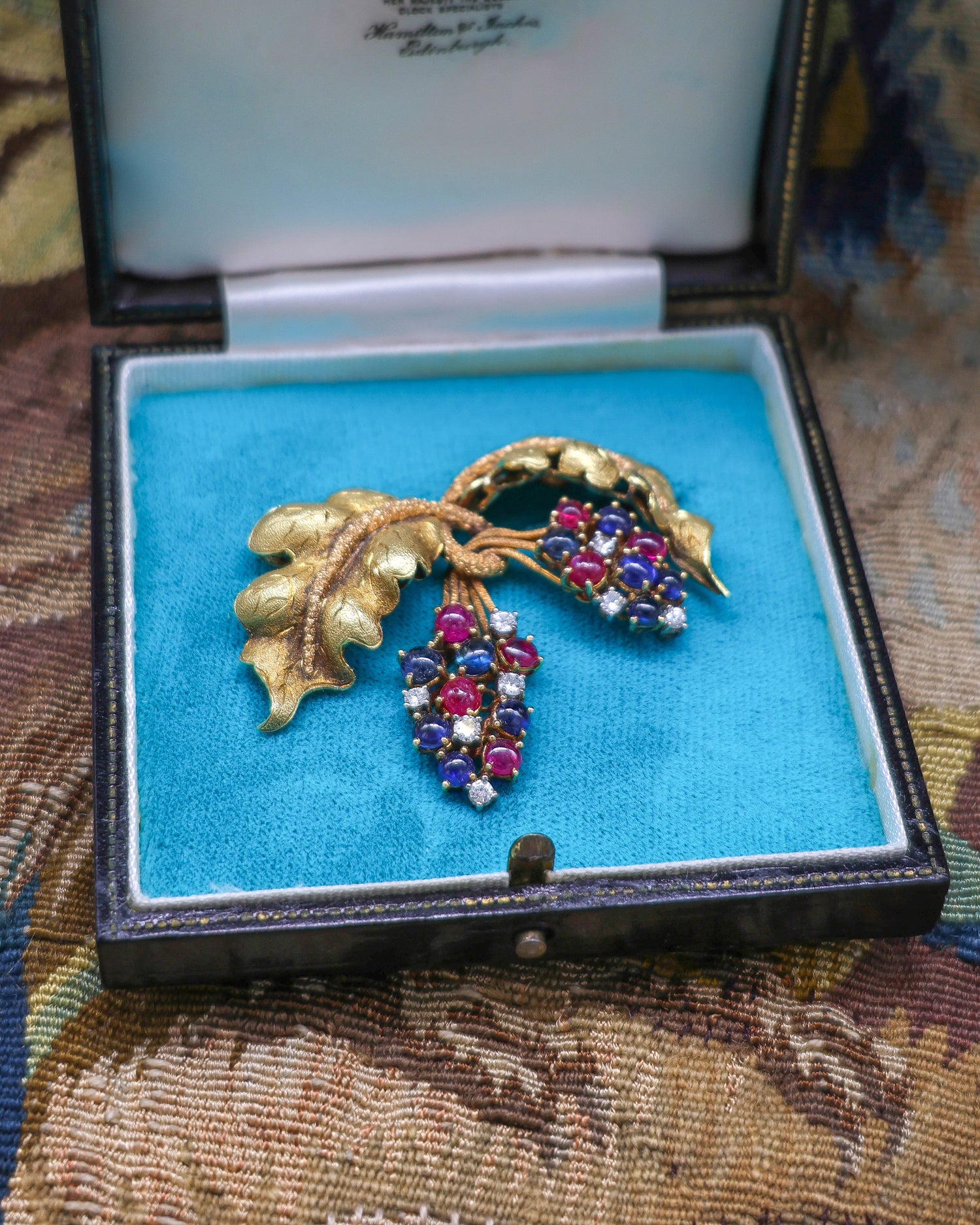 A very fine Ruby, Sapphire & Diamond Vine Brooch set in 18 carat White & Yellow Gold, Circa 1950 - Robin Haydock Antique Jewellery