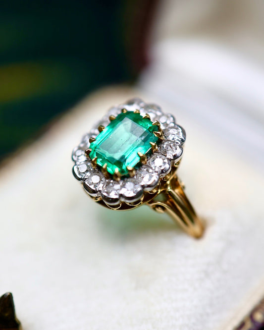 An Exquisite 18 Ct. Yellow and White Gold (tested)  Colombian Emerald & Diamond Cluster Ring - Mid 20th Century - Robin Haydock Antiques