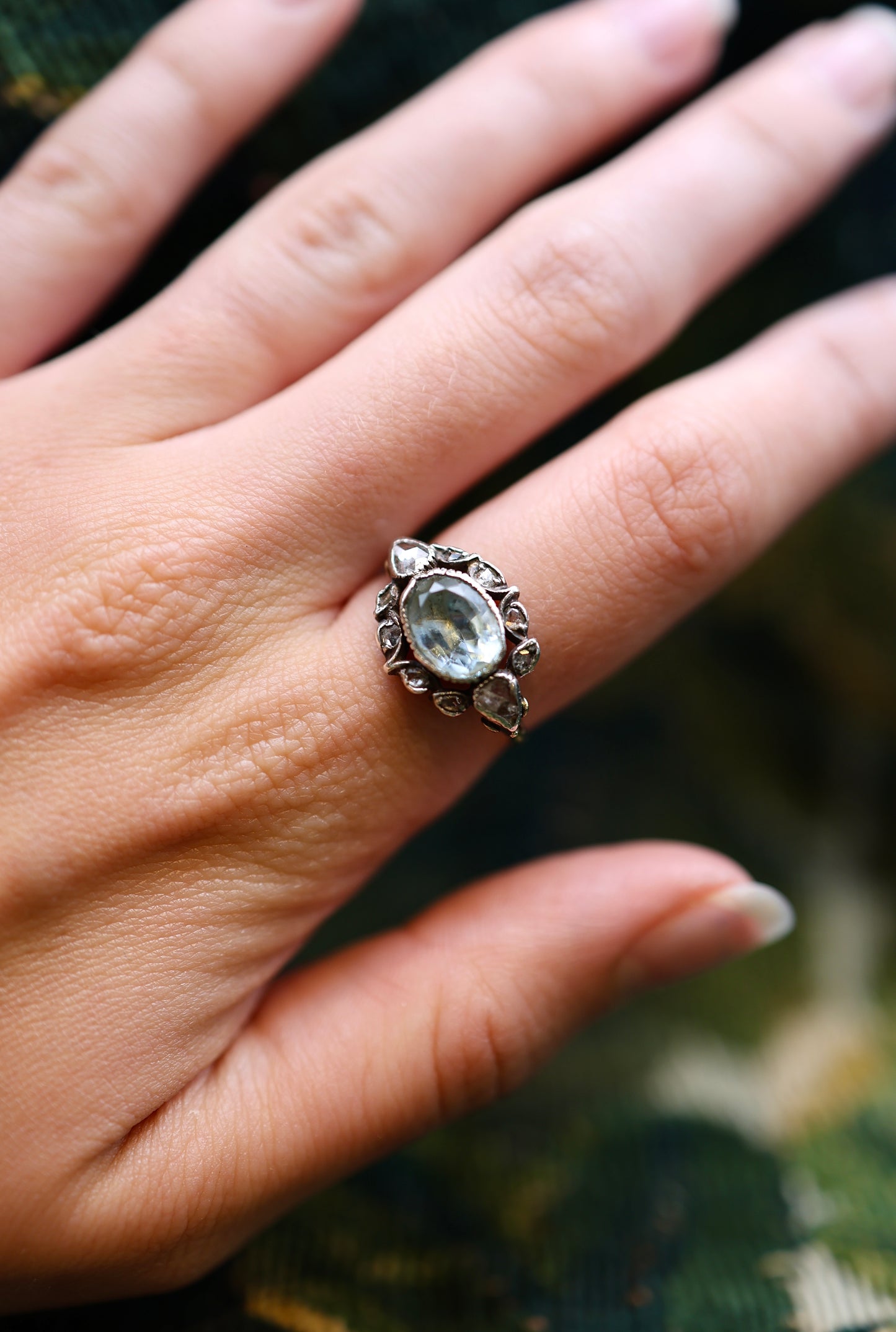 A very fine Aquamarine and Diamond Ring, in Silver tipped on High Carat Yellow Gold  (tested). Circa 1890