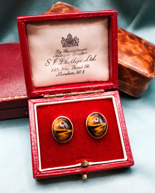 A fine pair of Vintage Oval "Tigers Eye" Earrings set in 9ct Yellow Gold, English, Circa 1950 - Robin Haydock Antiques