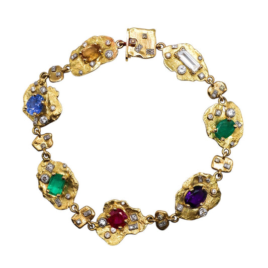 A very unusual Multi-Gem & Diamond, Yellow & White 18ct. Gold (tested), Acrostic Bracelet, Representing DEAREST. Circa 1970.