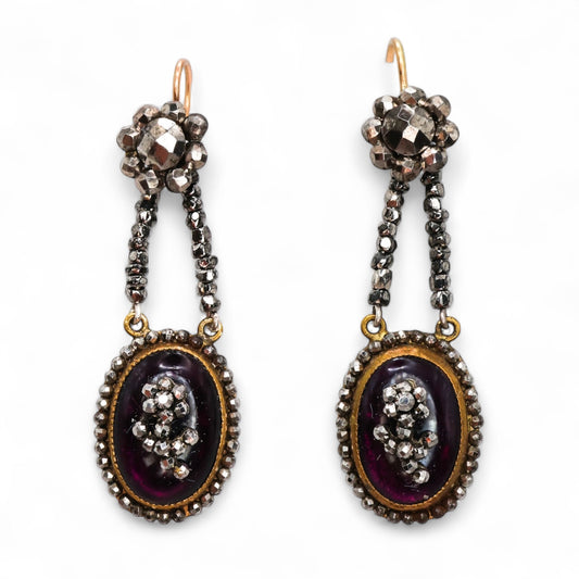 Fine pair of Georgian, Cut Steel and Cabochon Garnet drop earrings, with 15ct Yellow Gold (tested), fittings circa 1800. - Robin Haydock Antique Jewellery