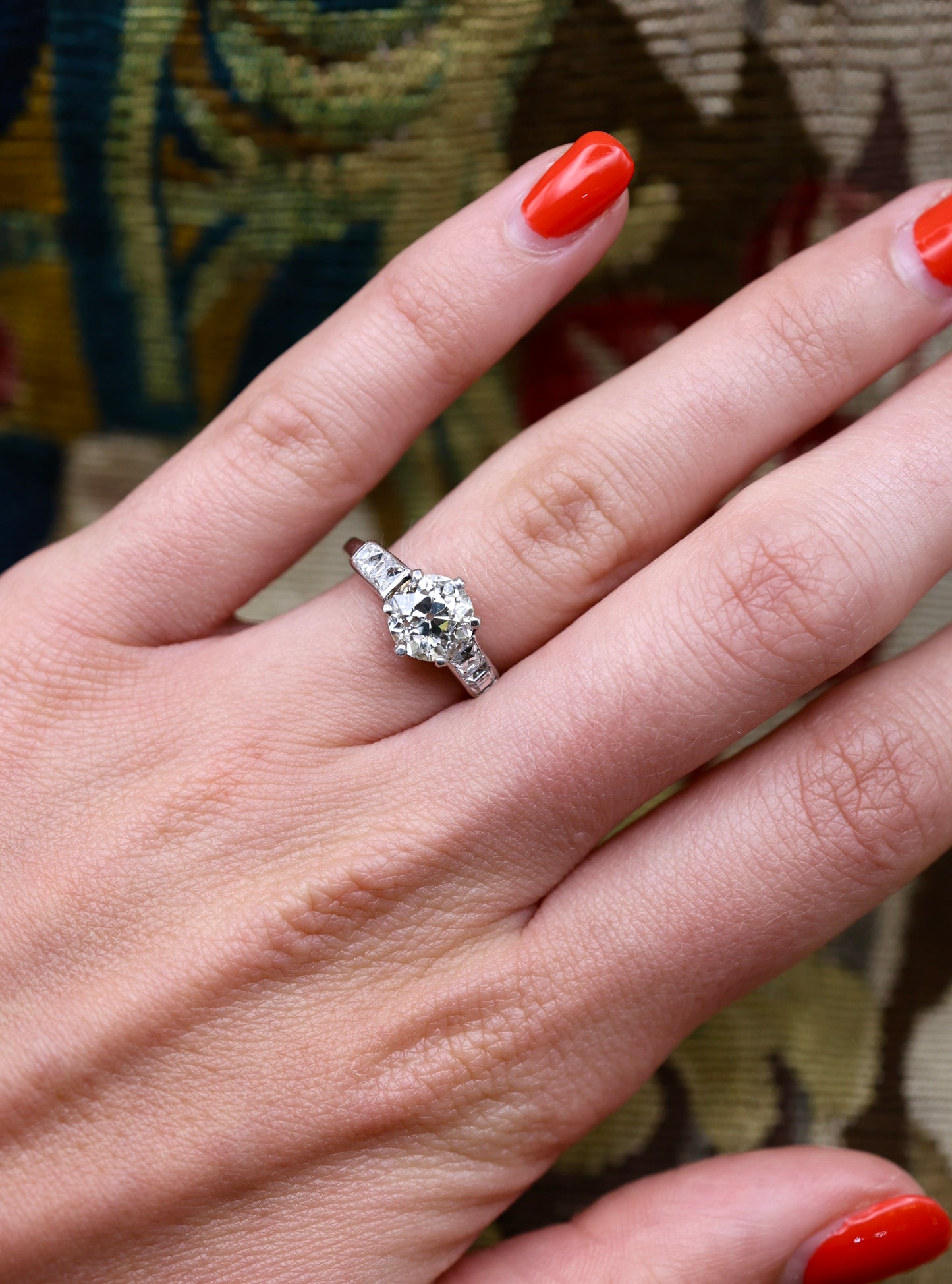 A very fine 1.60 Carat Old Cut Diamond & Platinum Solitaire Engagement Ring with French Cut Diamond Shoulders, English, Circa 1930