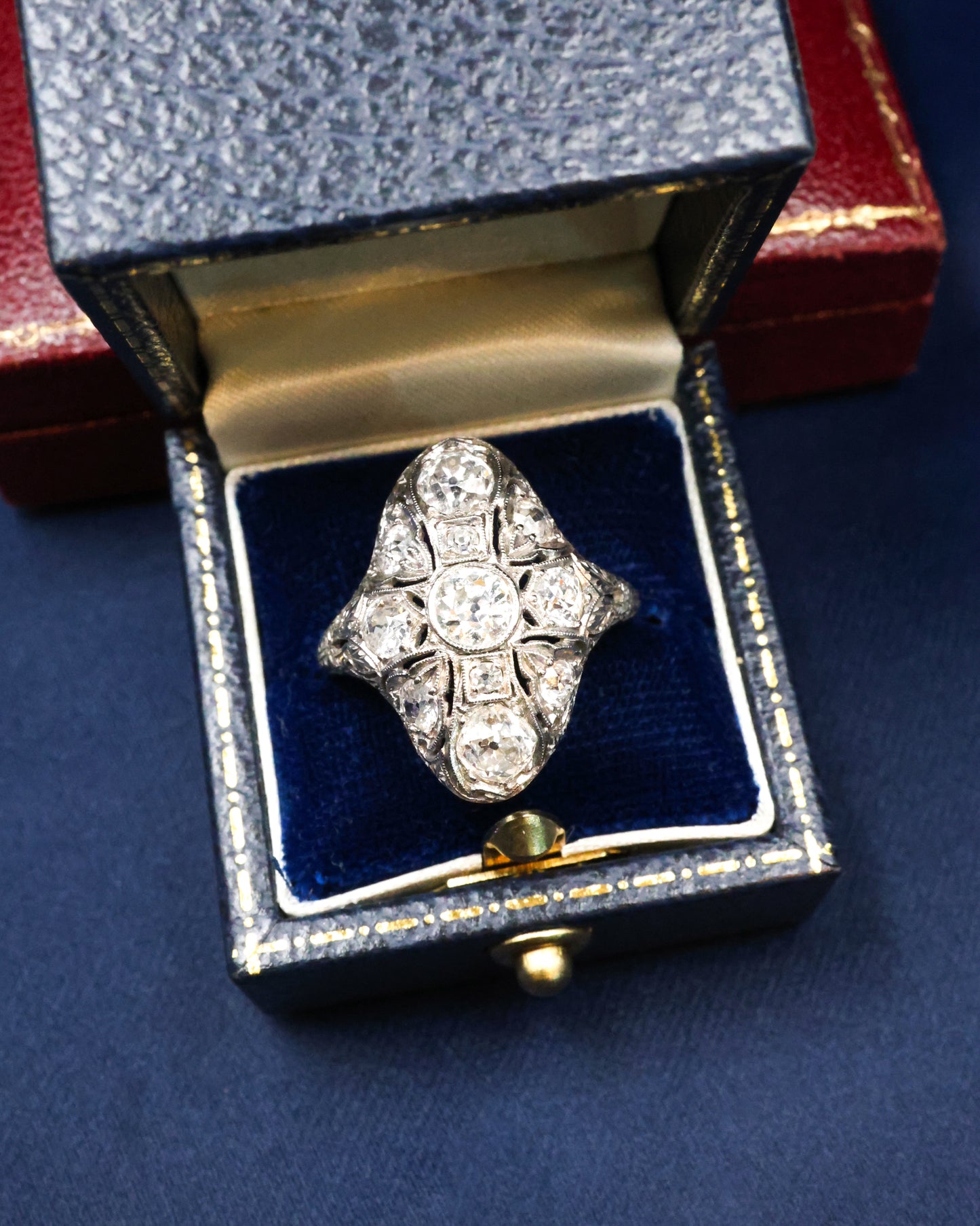 An extraordinary Diamond & Platinum (tested). Art Deco Demi-Bombe & Elongated Quatrefoil Ring Circa 1930 - Robin Haydock Antique Jewellery