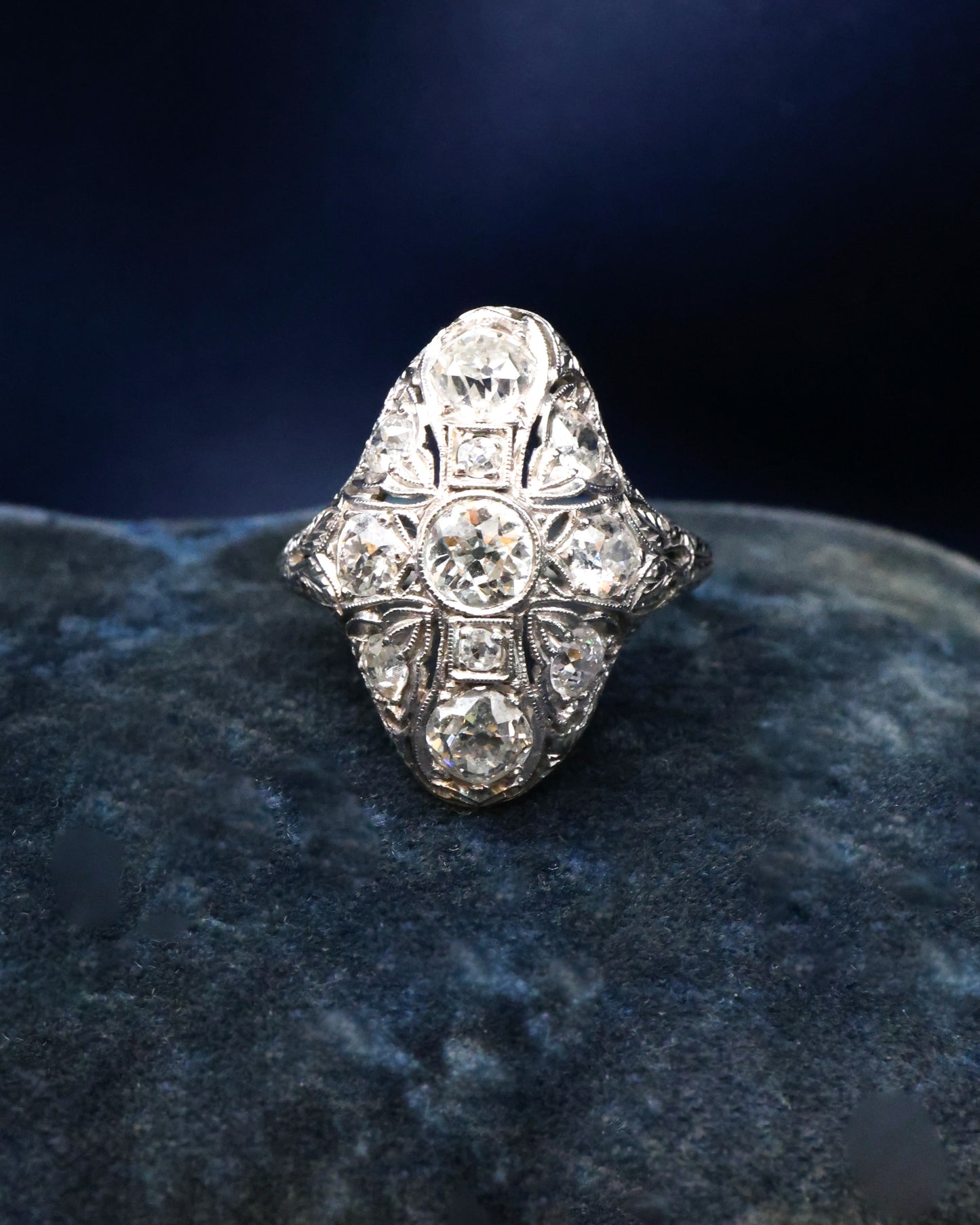 An extraordinary Diamond & Platinum (tested). Art Deco Demi-Bombe & Elongated Quatrefoil Ring Circa 1930 - Robin Haydock Antique Jewellery