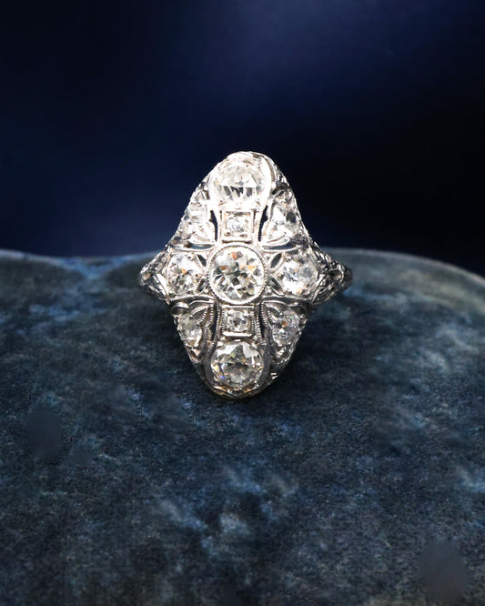 An extraordinary Diamond & Platinum (tested). Art Deco Demi-Bombe & Elongated Quatrefoil Ring Circa 1930 - Robin Haydock Antique Jewellery