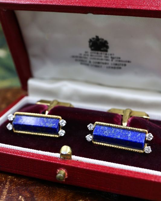 An exceptional pair of Lapis Lazuli and Diamond Cufflinks mounted in 18 Carat Yellow Gold, Aspreys' Date Mark 1974 - Robin Haydock Antique Jewellery
