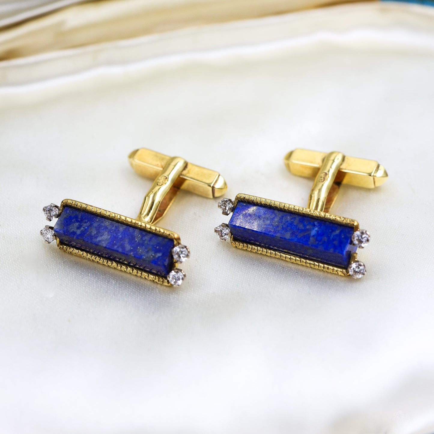 An exceptional pair of Lapis Lazuli and Diamond Cufflinks mounted in 18 Carat Yellow Gold, Aspreys' Date Mark 1974 - Robin Haydock Antique Jewellery