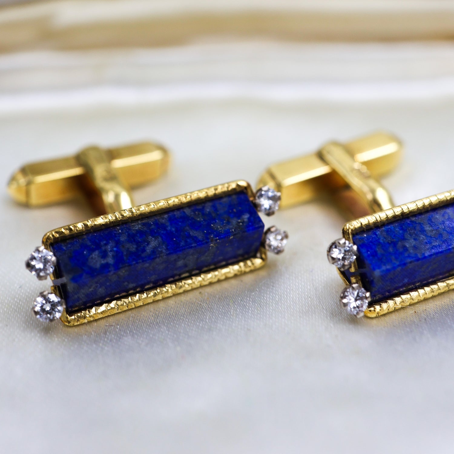An exceptional pair of Lapis Lazuli and Diamond Cufflinks mounted in 18 Carat Yellow Gold, Aspreys' Date Mark 1974 - Robin Haydock Antique Jewellery