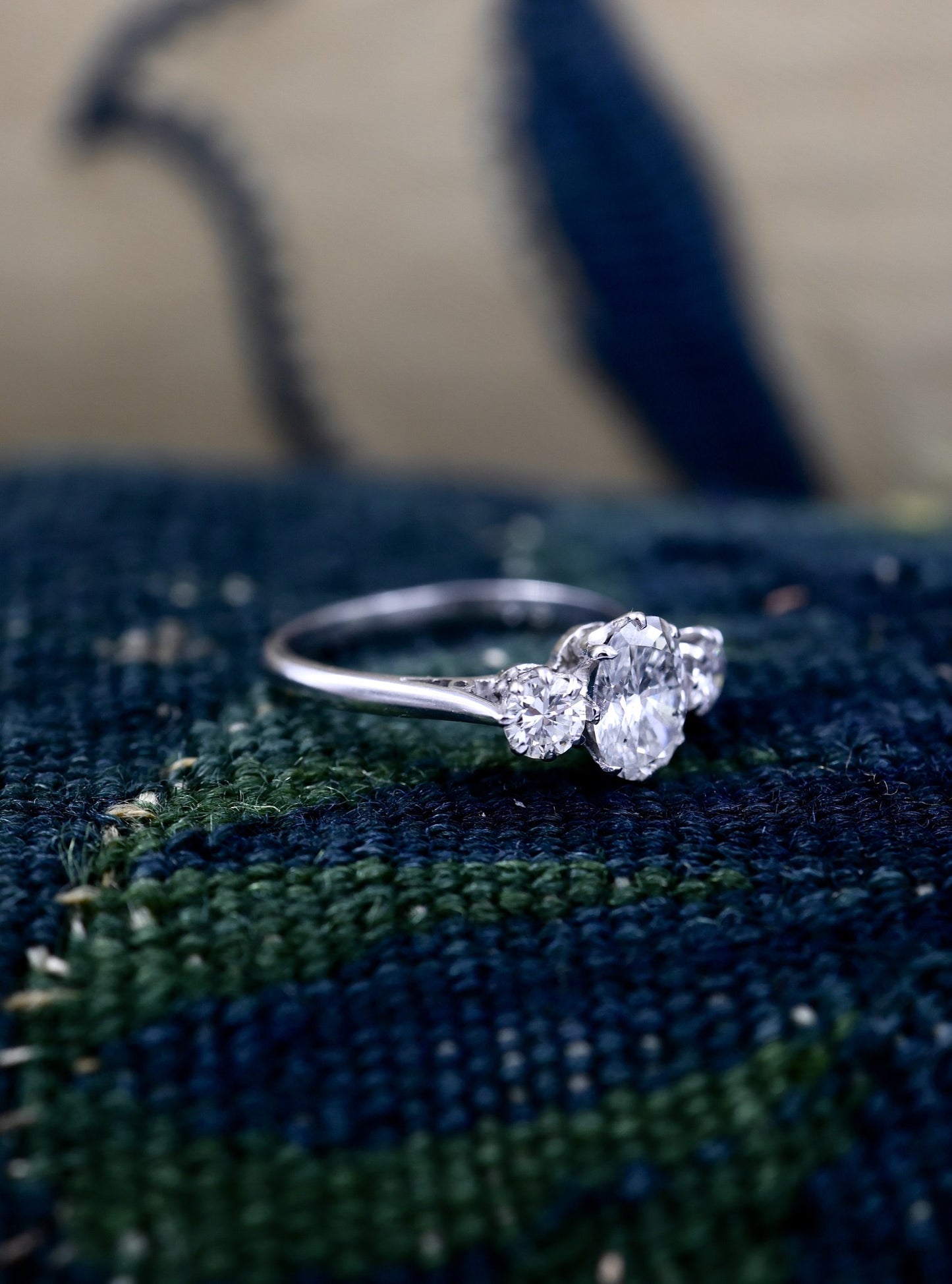 An exceptional 18ct White Gold (stamped) 1.30 Carat Three Stone Diamond Engagement Ring. Pre-owned