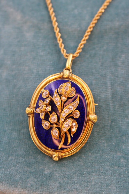 A Victorian Cobalt Blue Enamel & Diamond Floral Design Pendant set in 18ct Yellow Gold, English, Circa 1860 - Robin Haydock Antiques